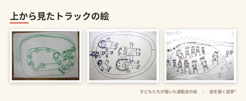 トラックと人物の位置関係を描いた子どもの絵