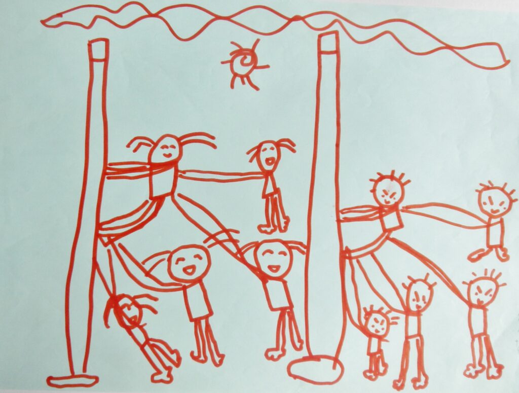 マストに登る子どもと下で支える仲間を赤い線で描いた作品