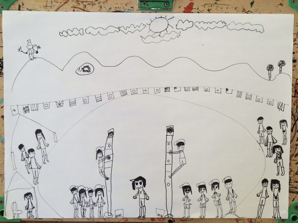 2本のマストに登る子どもと周りの仲間を描いた線描画